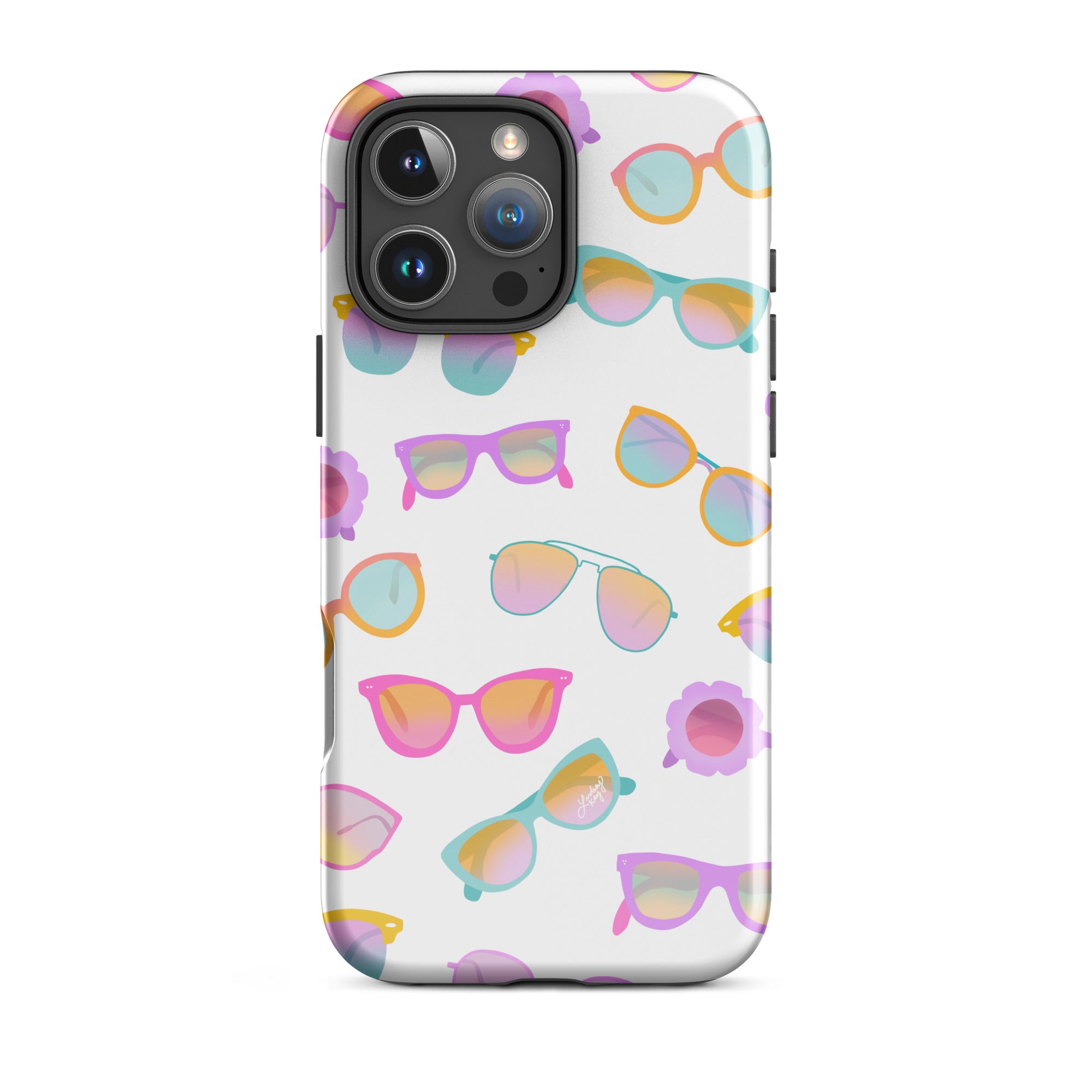 Cute and durable MagSafe iPhone case with a white background and hand-drawn colorful pastel retro sunglasses, perfect for summer with a fun, girly, and trendy retro vibe.